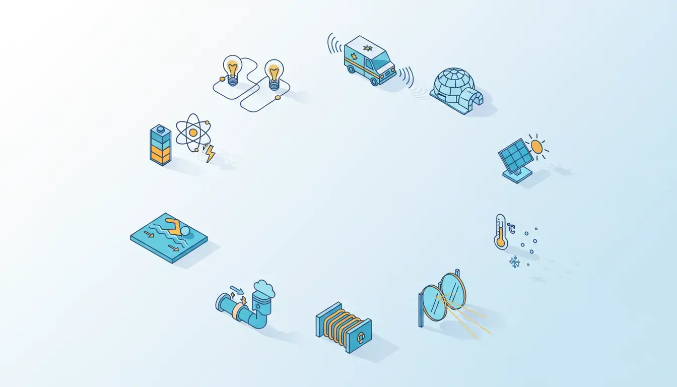 Ilustração vetorial isométrica 16:9 em espiral com 10 ícones de Física: lâmpadas em série; ambulância com efeito Doppler; iglu com termômetro; nadador com vetores; placa solar; bobina com linhas de campo; espelhos côncavos; criança no balanço e força resultante; carro com crumple zone; mergulhador com coluna d’água e bolha. Paleta azul/turquesa com acentos amarelo/laranja, fundo em gradiente, sem texto.