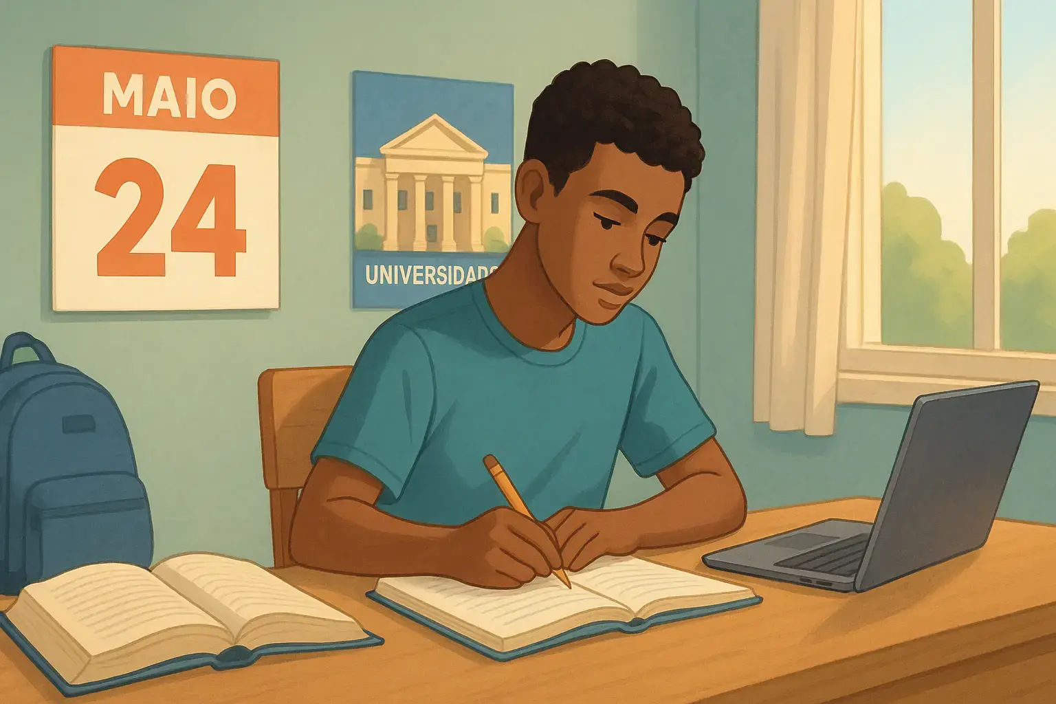 Estudante brasileiro concentrado nos estudos, com livros e notebook sobre a mesa, ao lado de um calendário destacando o dia 24 de maio.
