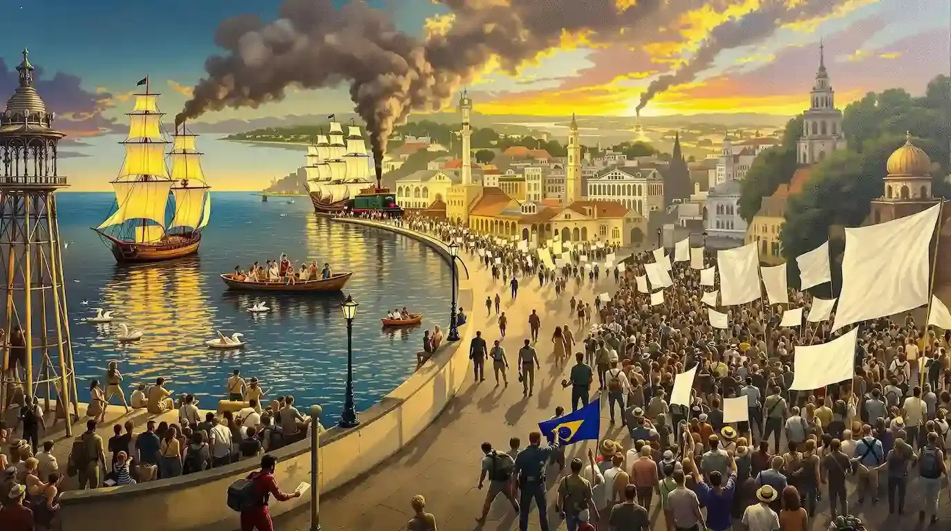 Colagem semi-realista da História do Brasil: caravelas, engenho de açúcar, café e locomotiva, silhueta de Dom Pedro II, urbanização com imigrantes e imprensa, sombras de militares e protesto, violão, câmera e livro verde da Constituição de 1988.